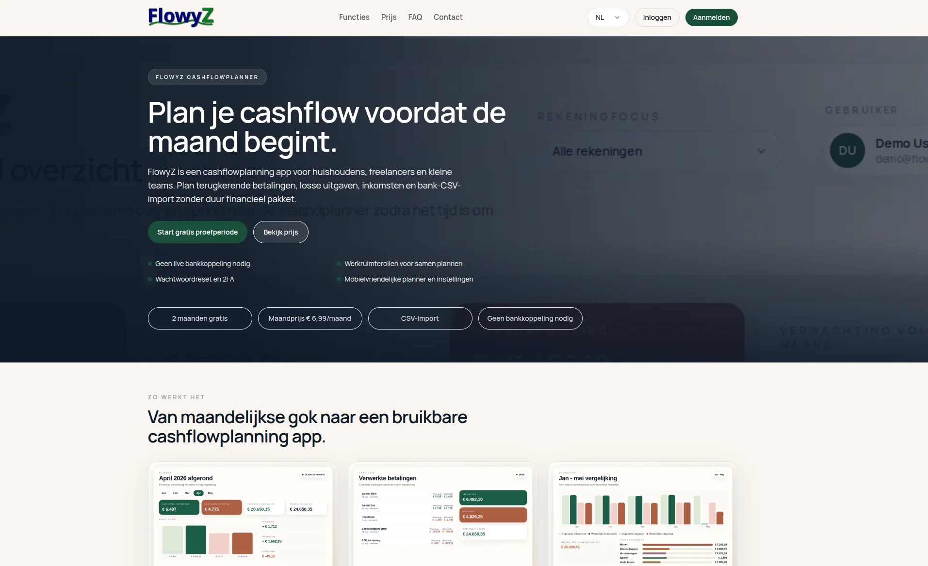 Screenshot van de website van FlowyZ, een cashflowplanning app. Web & systeem development door TerraBytz.