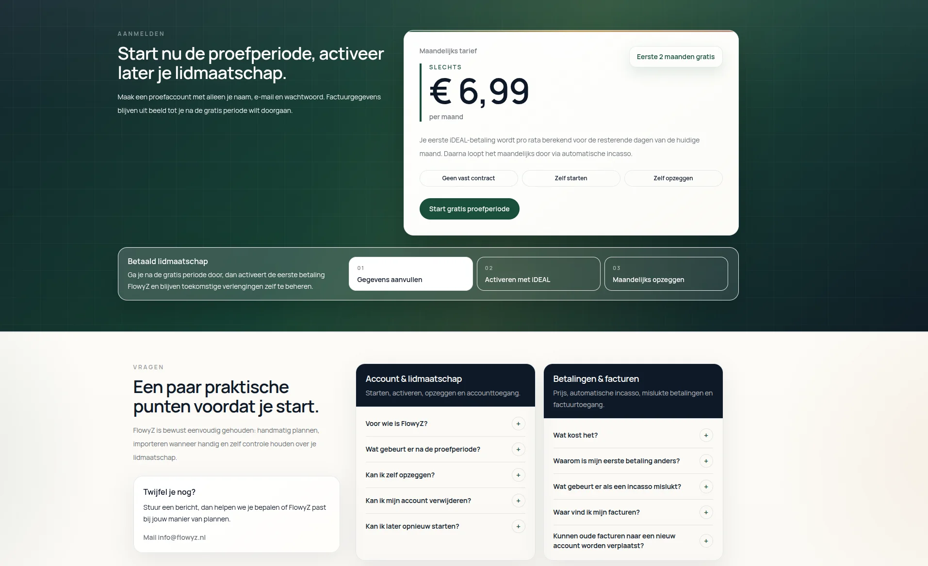 Screenshot van de website van FlowyZ, een cashflowplanning app. Web & systeem development door TerraBytz.